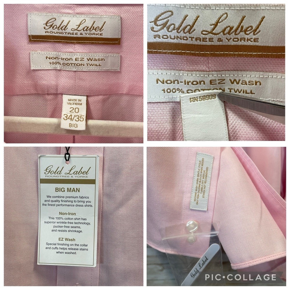NWT Roundtree & Yorke Gold Label Mens 20 34/35 Shirt Pink Non Iron EZ Wash READ - Picture 5 of 10